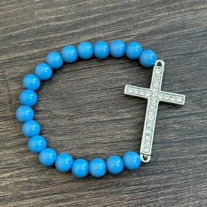 Blue Beaded Bracelet with Silver Cross